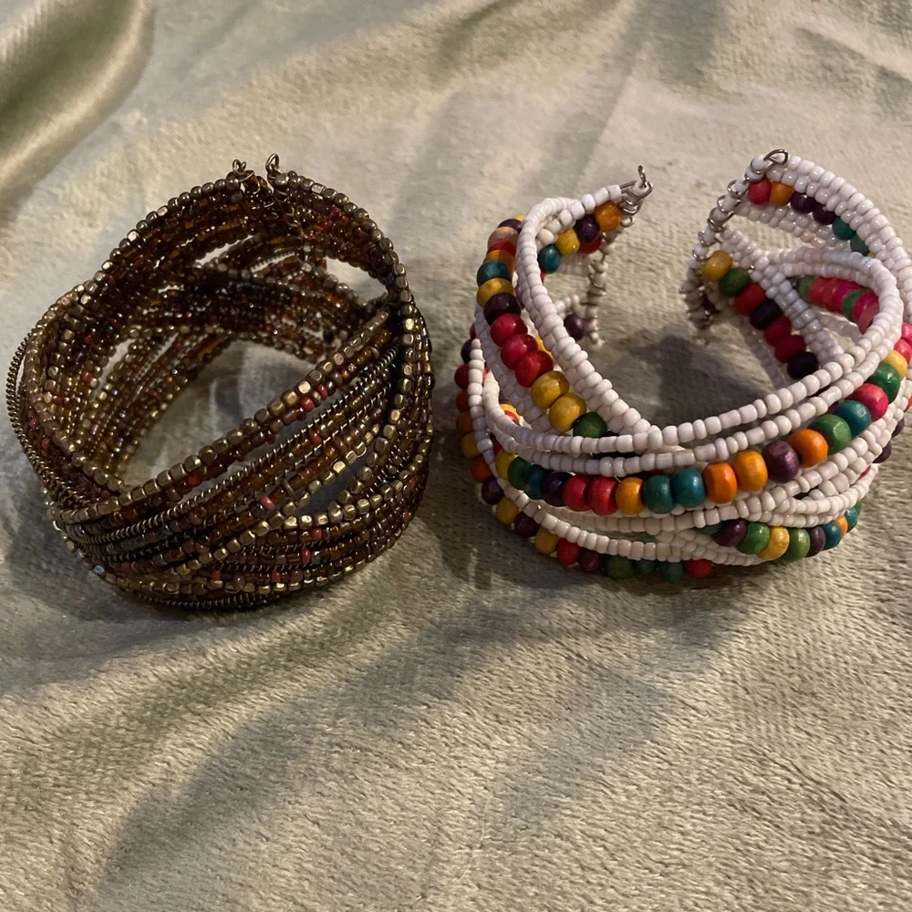 Set of 2 Boho Beaded Cuff Bracelets. Brown & Multi Colored Tones